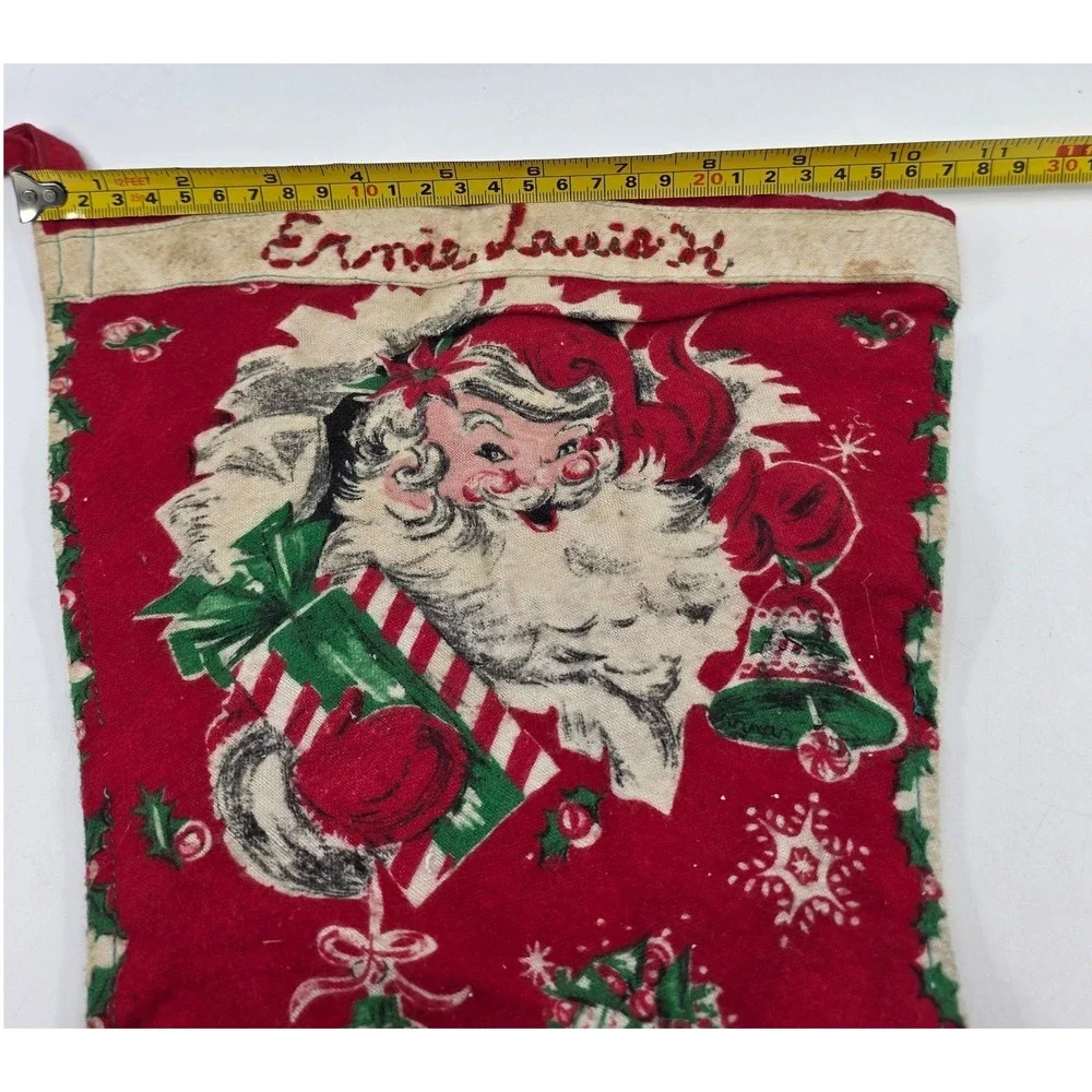 Vintage Mid Century Merry Christmas Stocking Reindeer Santa Kitten Personalized